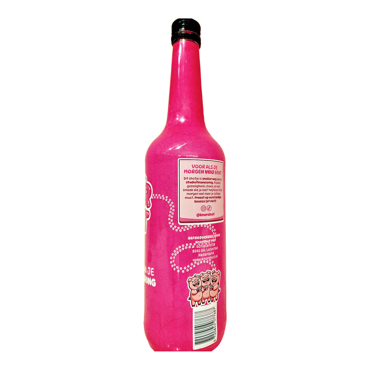 KnorShot fles achterkant met productinformatie en barcode