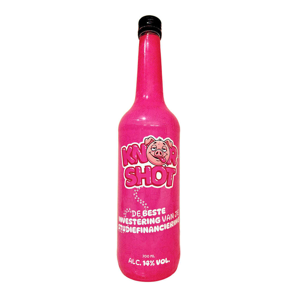 KnorShot roze shotje 0,7L fles vooraanzicht met varkenslogo, 700 ml, alc. 14% vol.