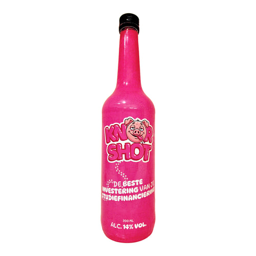 KnorShot roze shotje 0,7L fles vooraanzicht met varkenslogo, 700 ml, alc. 14% vol.